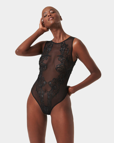 Etienne Embroidered Sheer Bodysuit Black