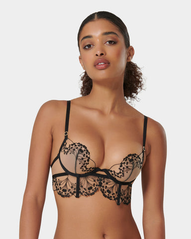 Bluebella Calla embroidered mesh semi-open cup bra in black, Compare